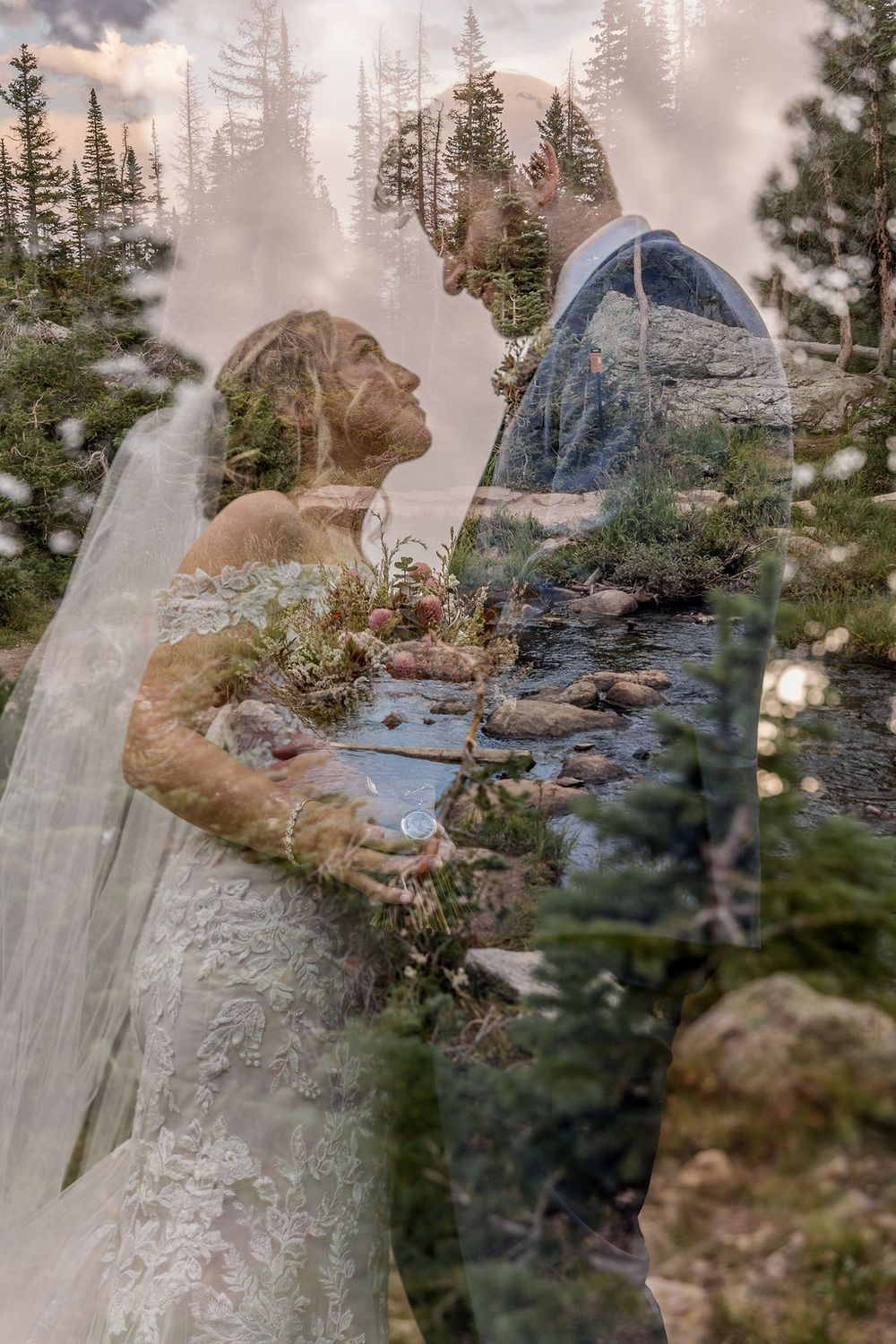 Double exposure photograph combining a wedding dress with a forest campsite featuring evergreen trees and a blue tent.