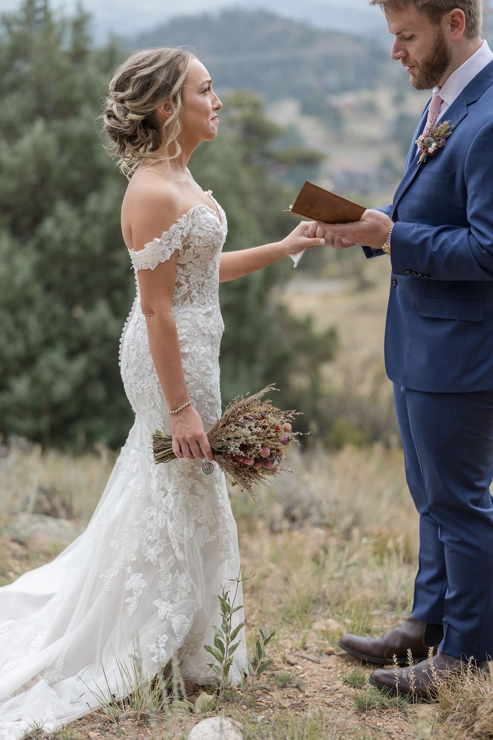 A series of wedding photos showing a bride and groom sharing a romantic moment in a mountainous outdoor setting.