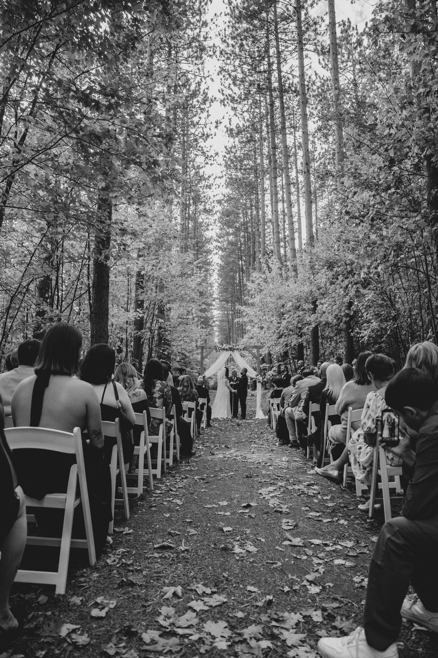 Black and white photos show guests seated at an outdoor forest wedding ceremony with rows of white chairs among tall trees.