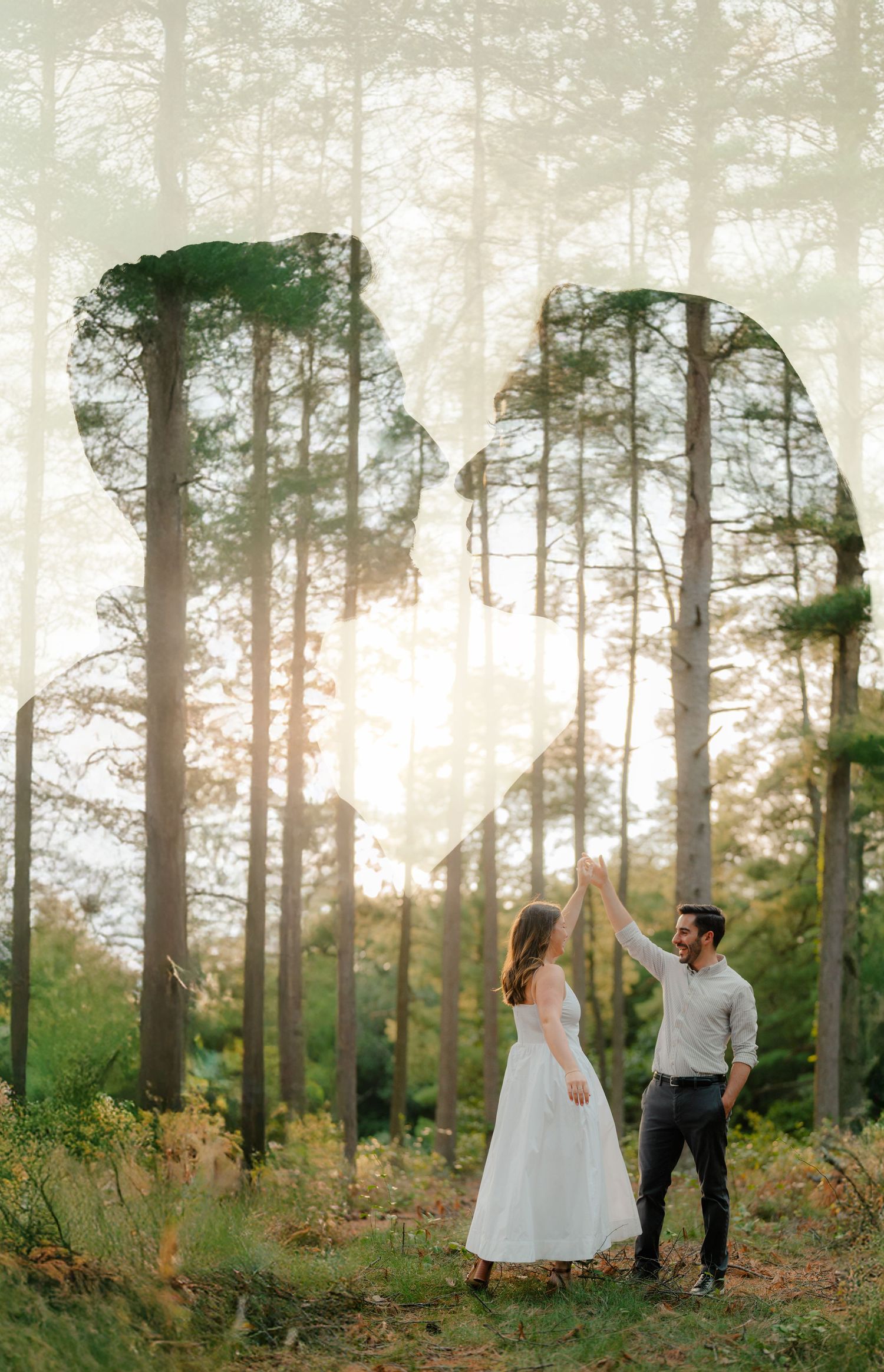 A romantic wedding couple shares intimate moments in a misty pine forest during golden hour.