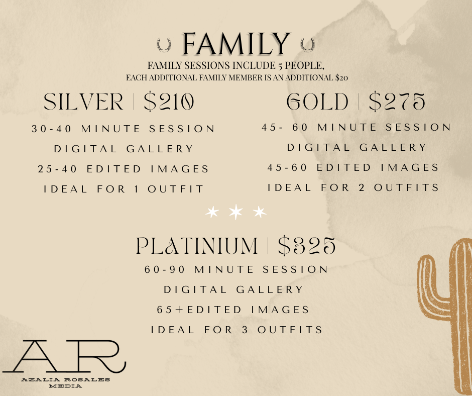 Family photography pricing menu showing Silver $210, Gold $275, and Platinum $325 session packages.