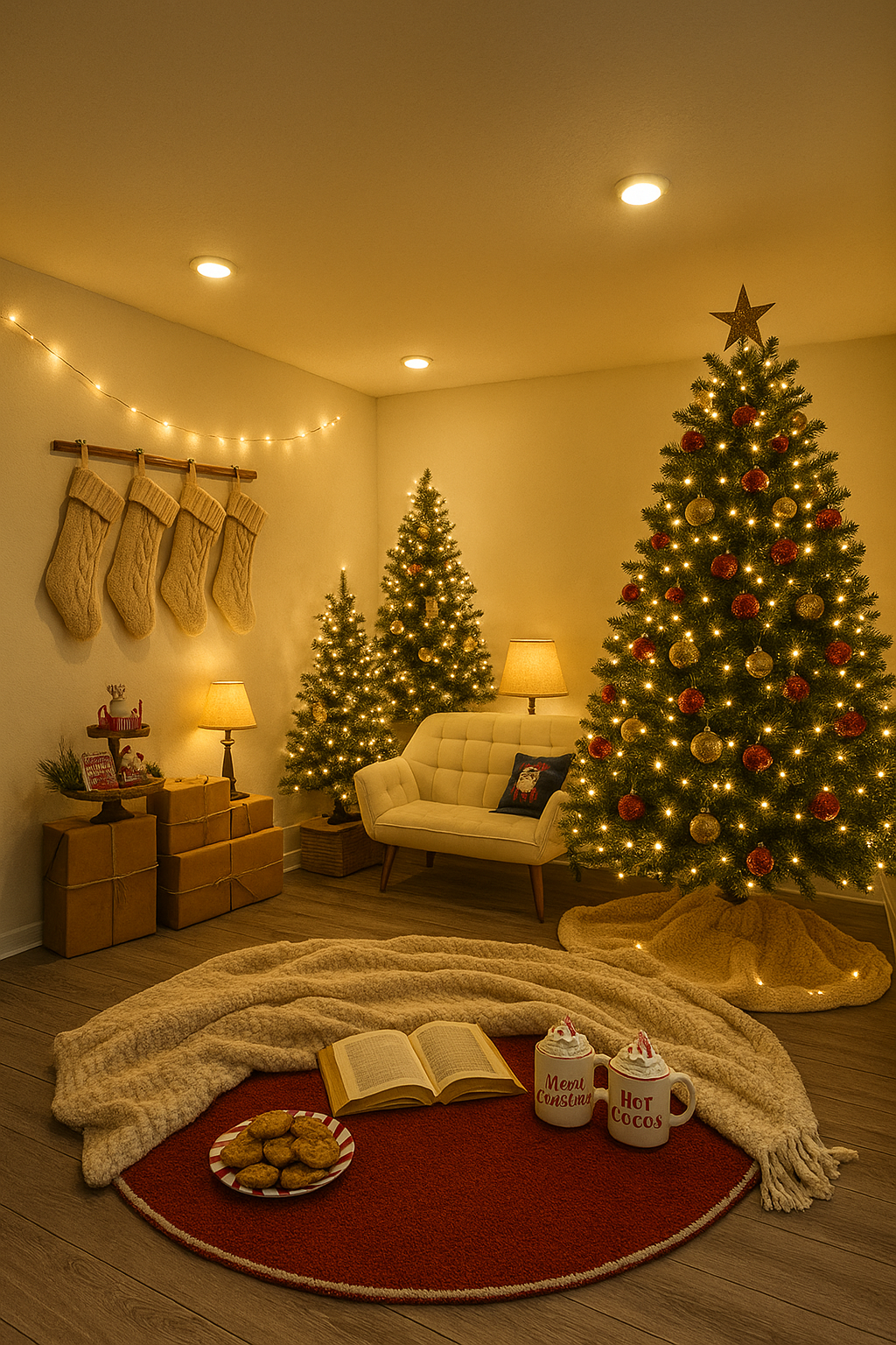 Children reading together by a decorated Christmas tree with twinkling lights and stockings hung in a cozy living room.