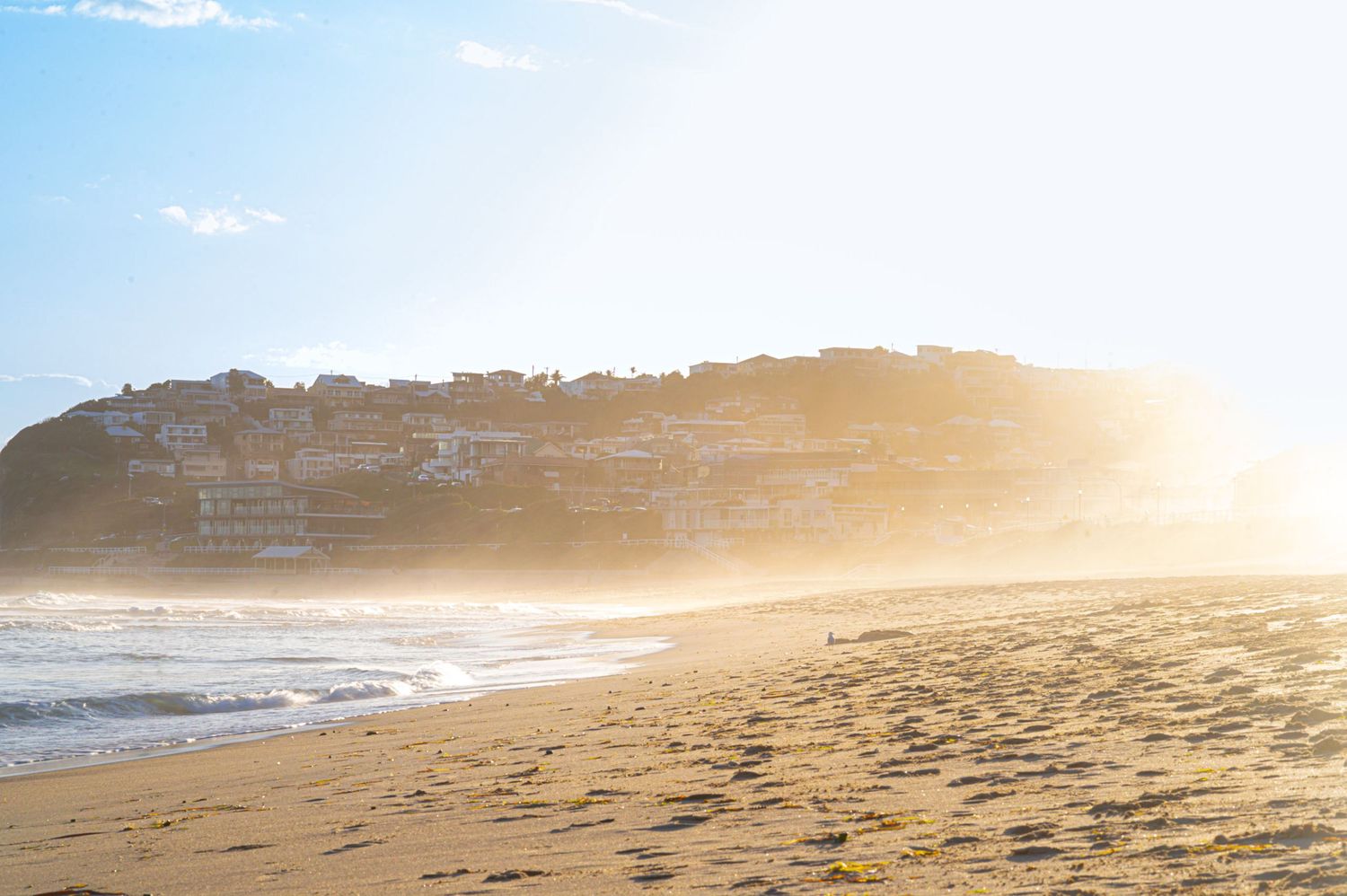Sunlit beach panorama with gentle waves rolling onto shore during golden hour.