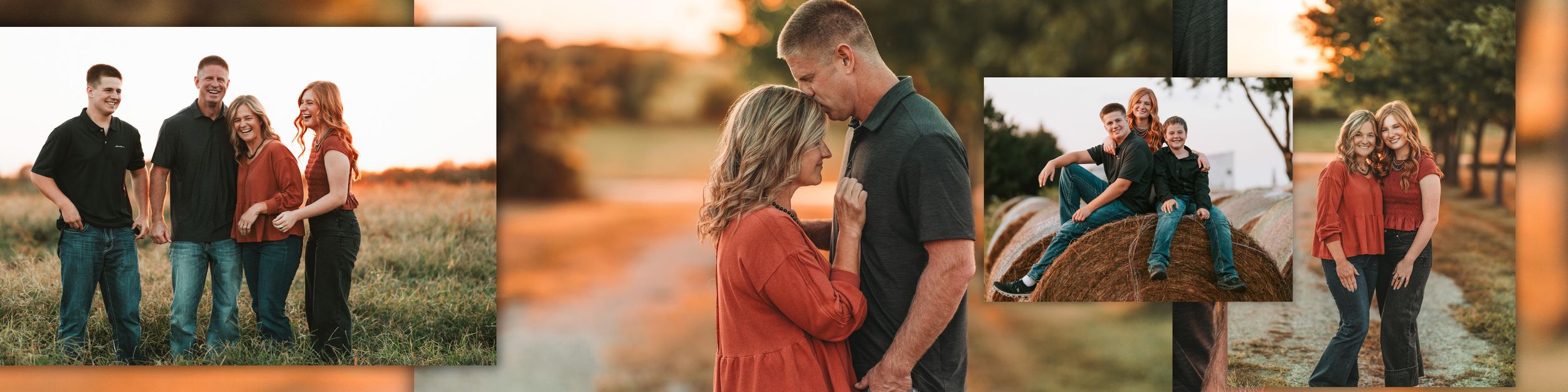 A series of outdoor portrait photographs at sunset showing couples in casual attire against natural backgrounds.