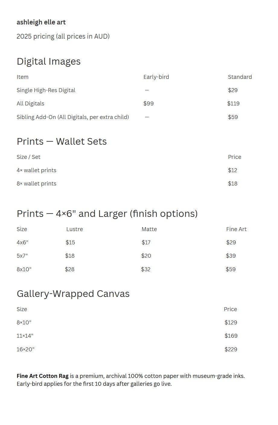 School Photography price list