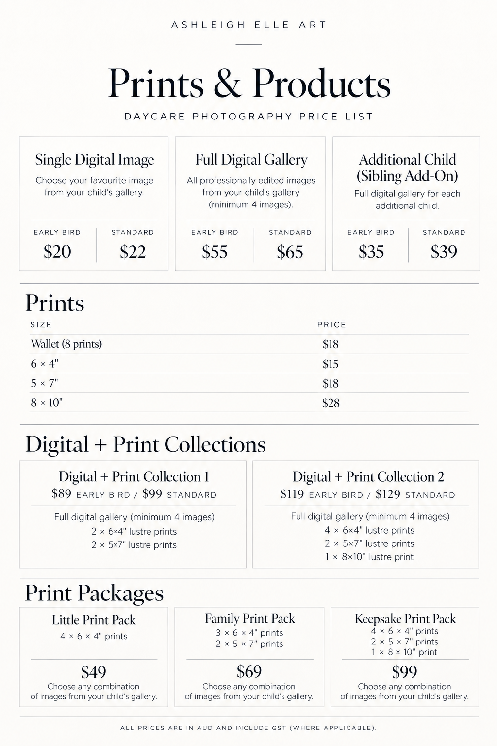 School Photography price list