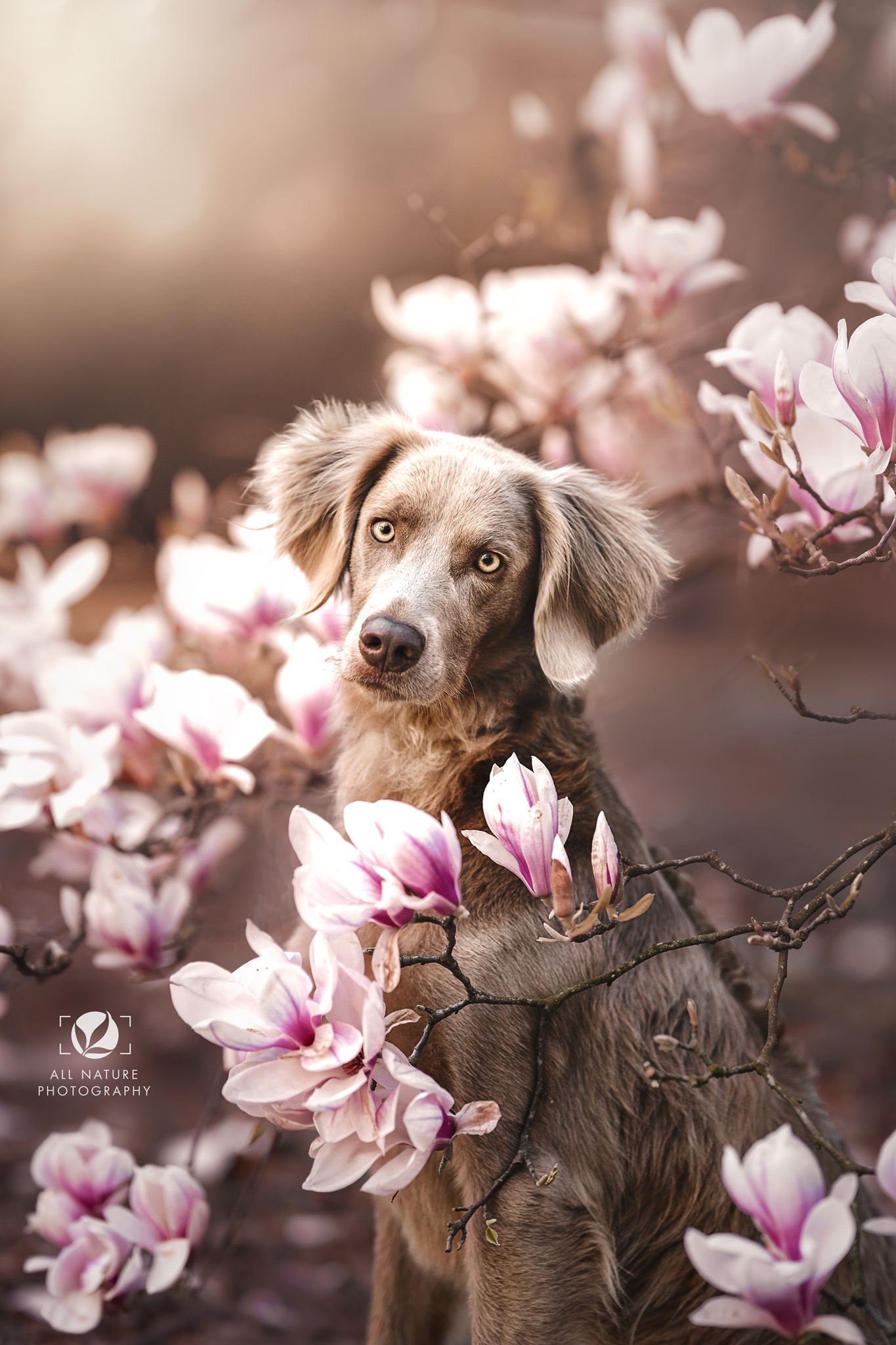A brown dog poses gracefully among blooming pink magnolia flowers in a soft, dreamy spring setting.