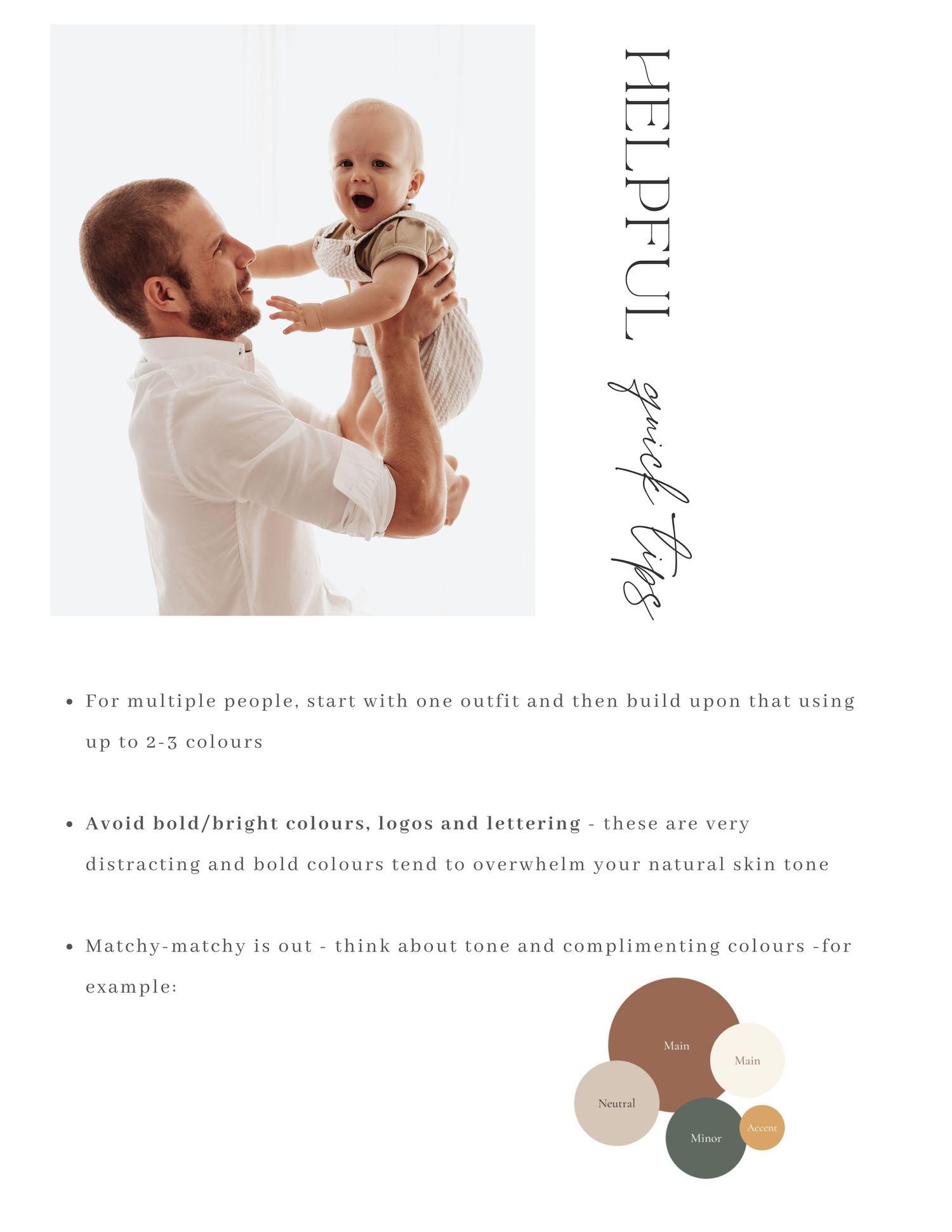 A series of minimalist lifestyle photos showing interactions with a baby alongside muted color palette swatches.