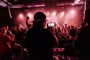 Concert crowd silhouetted in red lighting while DJ performs on stage during nightclub event.