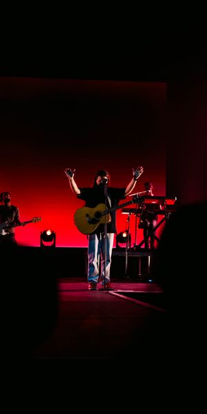 Musician with acoustic guitar performs on stage bathed in dramatic red lighting.