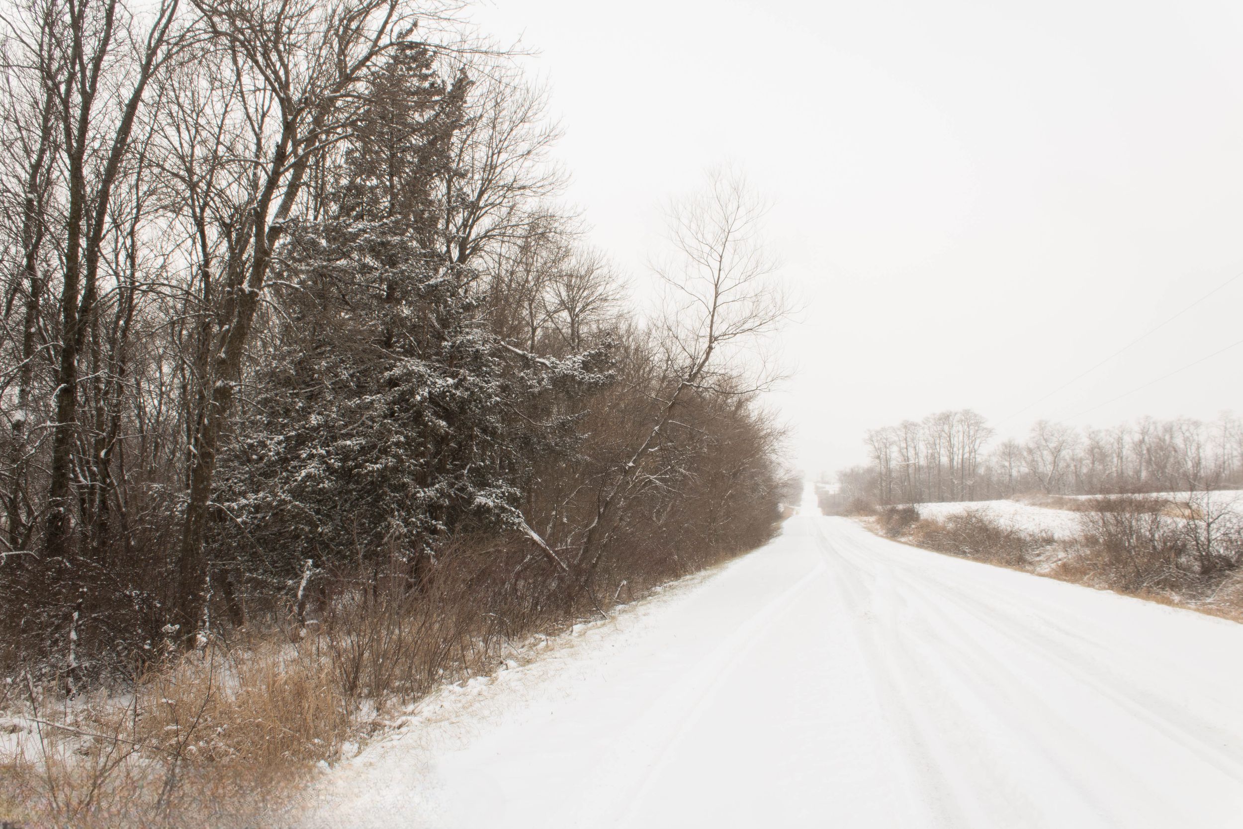 Snow covered country road disappearing into winter landscape Northern Missouri