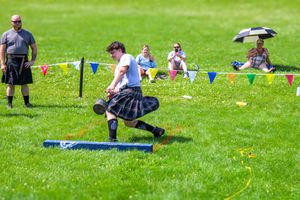 Athlete in traditional Scottish attire competing in weight throwing event on grass field.