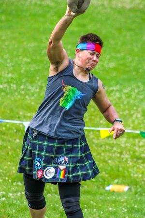 Sequence of a shot put throw showing form and technique while wearing traditional Highland Games attire.