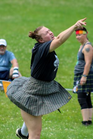Athletes in kilts practicing shot put techniques on a grassy field during Highland Games competition.