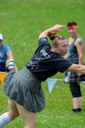 Dynamic motion capture of Highland Games athlete performing shot put throw in traditional kilt.