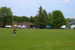 Long wooden caber pole rotates mid-air during a Highland games throwing event on a sunny day.