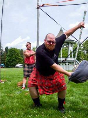 A sequence showing an athlete in a red plaid kilt performing a weight throw at a Highland Games competition.