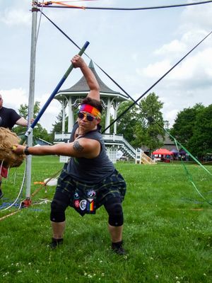 Sequential shots of a weight throw competition showing the spinning technique at Highland Games.