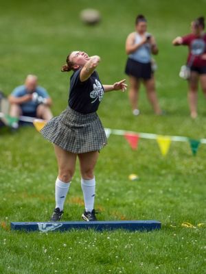Athletes in kilts practicing weight throwing techniques on a grassy field during Highland Games.