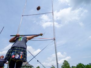 Multiple frames capturing the motion of a Highland Games weight throw against a blue sky.