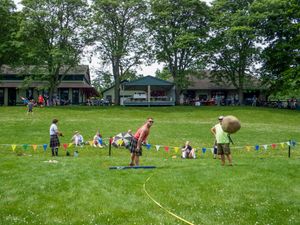 Competitors gather on a green field with colorful flags and spectators for a Highland Games competition.