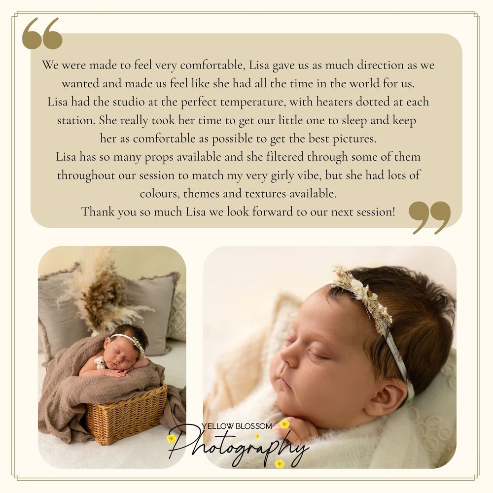 Newborn photography studio review showing a sleeping baby in a basket with a floral headband, Yellow Blossom Photography.