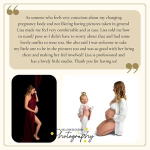 Pregnancy photography studio testimonial card featuring two maternity portraits by Yellow Blossom Photography.