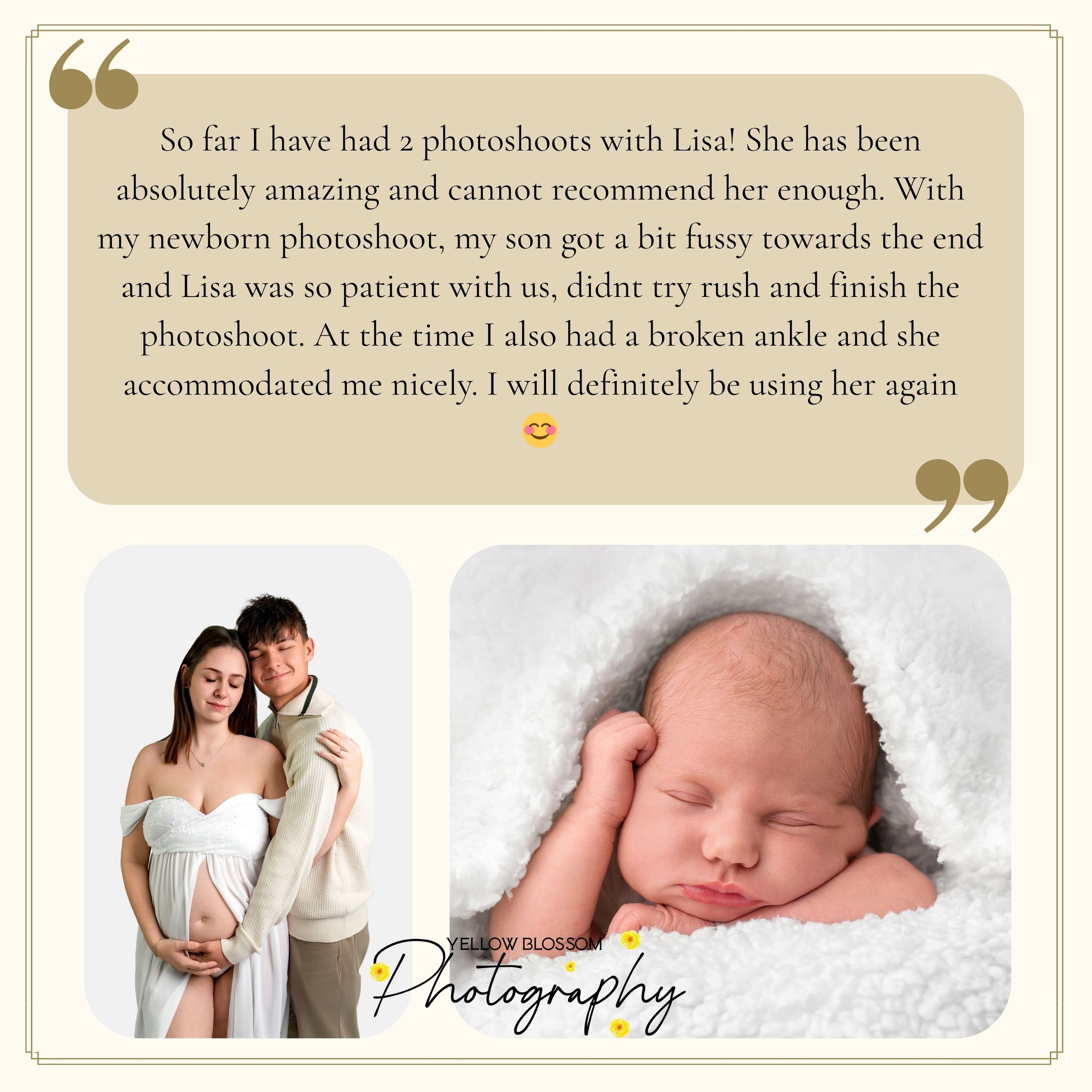 Newborn photography studio testimonial featuring a sleeping baby and couple portrait with glowing five-star client review.