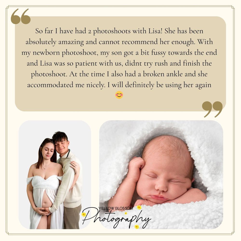 Newborn photography studio testimonial featuring a sleeping baby and couple portrait with glowing five-star client review.