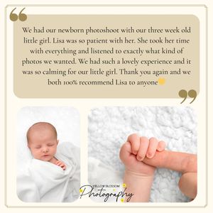 Newborn photography collage showing a sleeping baby wrapped in white and a tiny hand grasping a finger, with a glowing customer review.