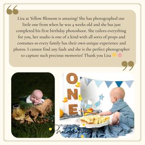 Customer review card for Yellow Blossom Photography featuring two baby milestone photos, a newborn and first birthday cake smash session.
