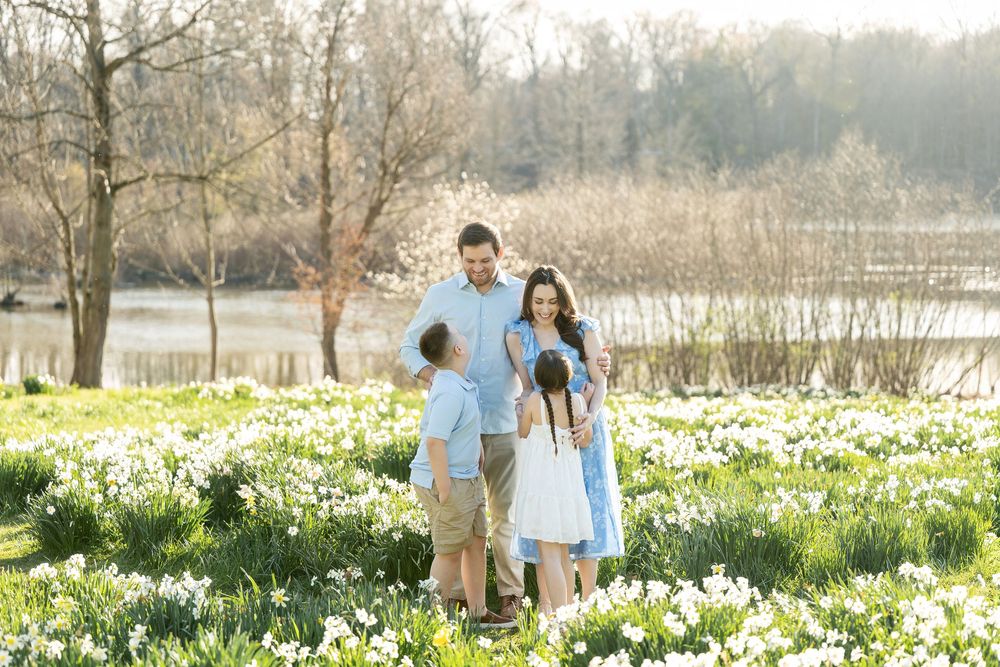 Family of four walks together through blooming white daffodil field near lake on sunny spring day.