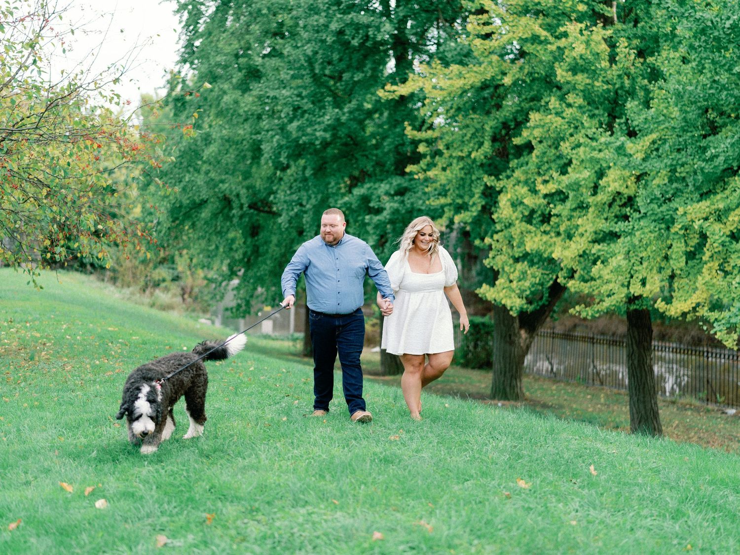 Couple walking with black and white dog on lush green park lawn surrounded by trees.