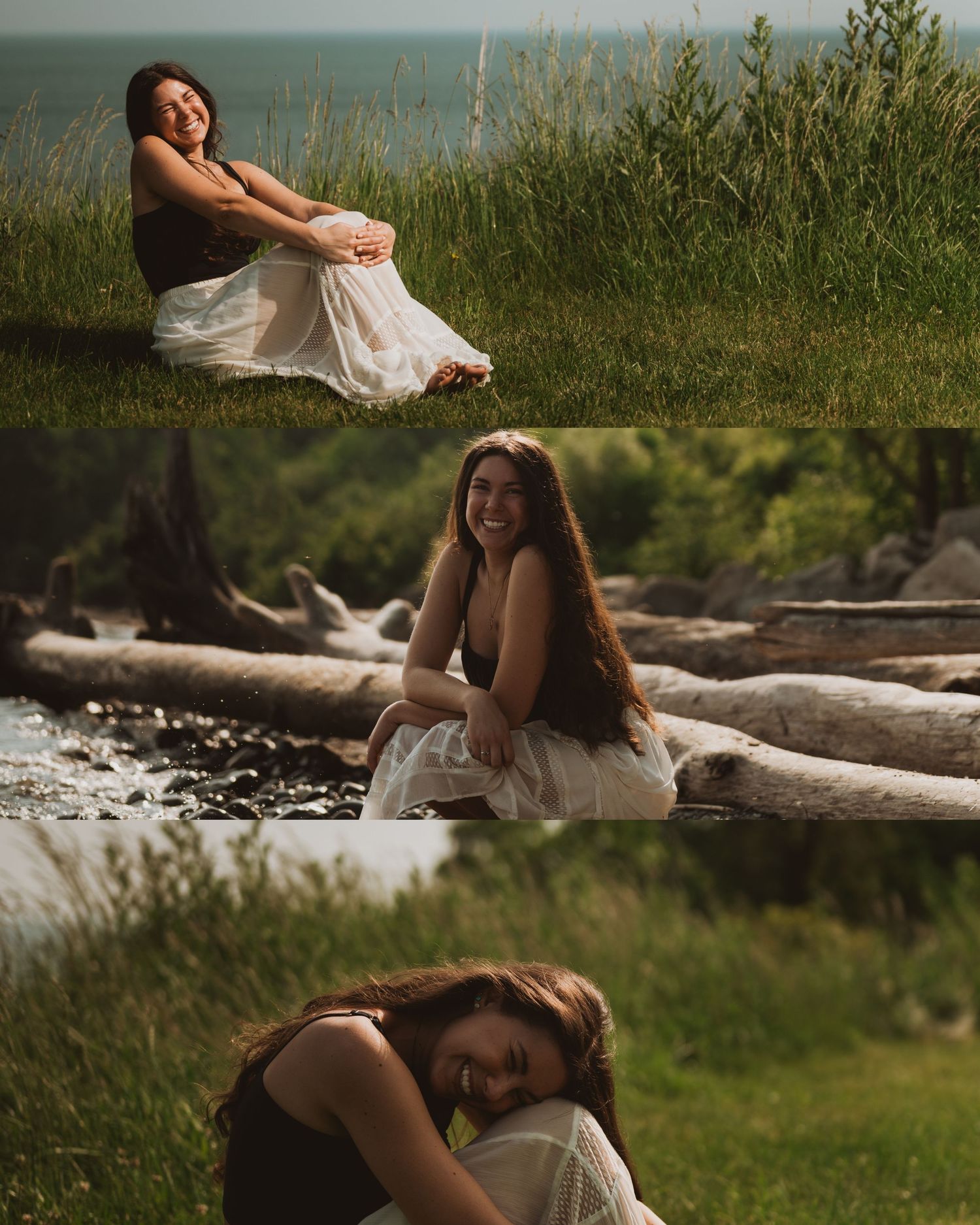 Someone in a white dress sits curled up on grassy hill against a misty natural backdrop.