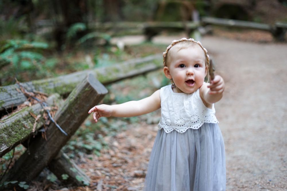 A little one in a white lace and grey tulle dress excitedly points while standing on a forest path.