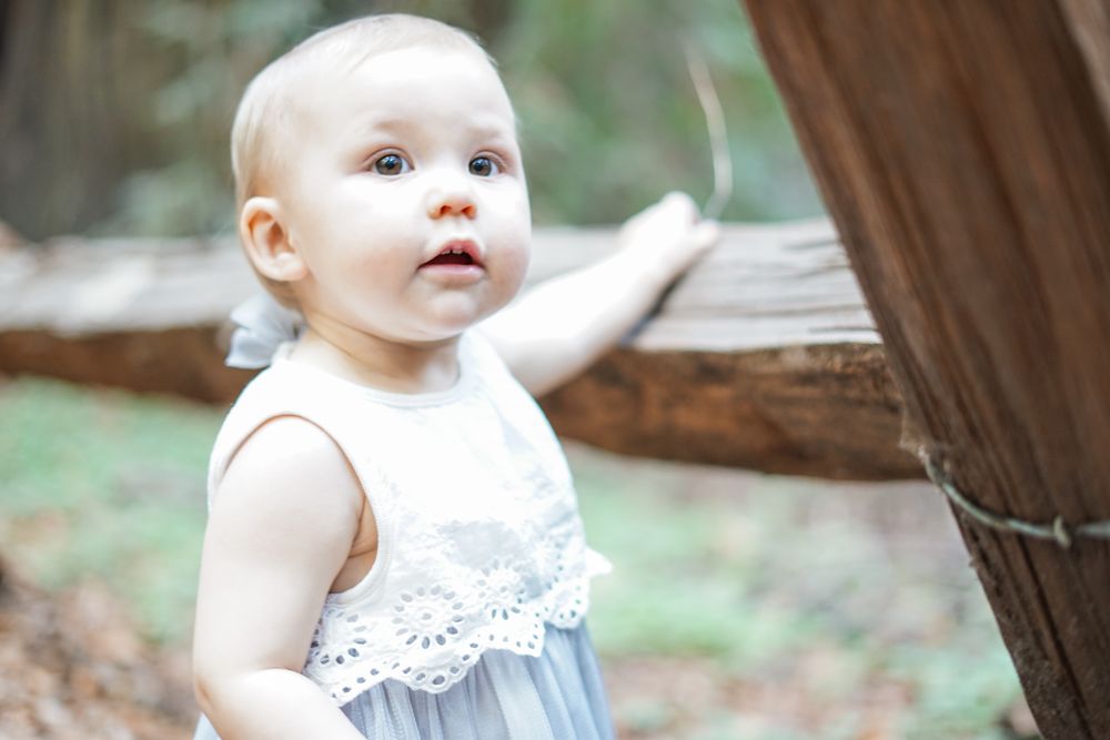 Small child in light blue dress with lace trim stands outdoors looking up with an expression of wonder.