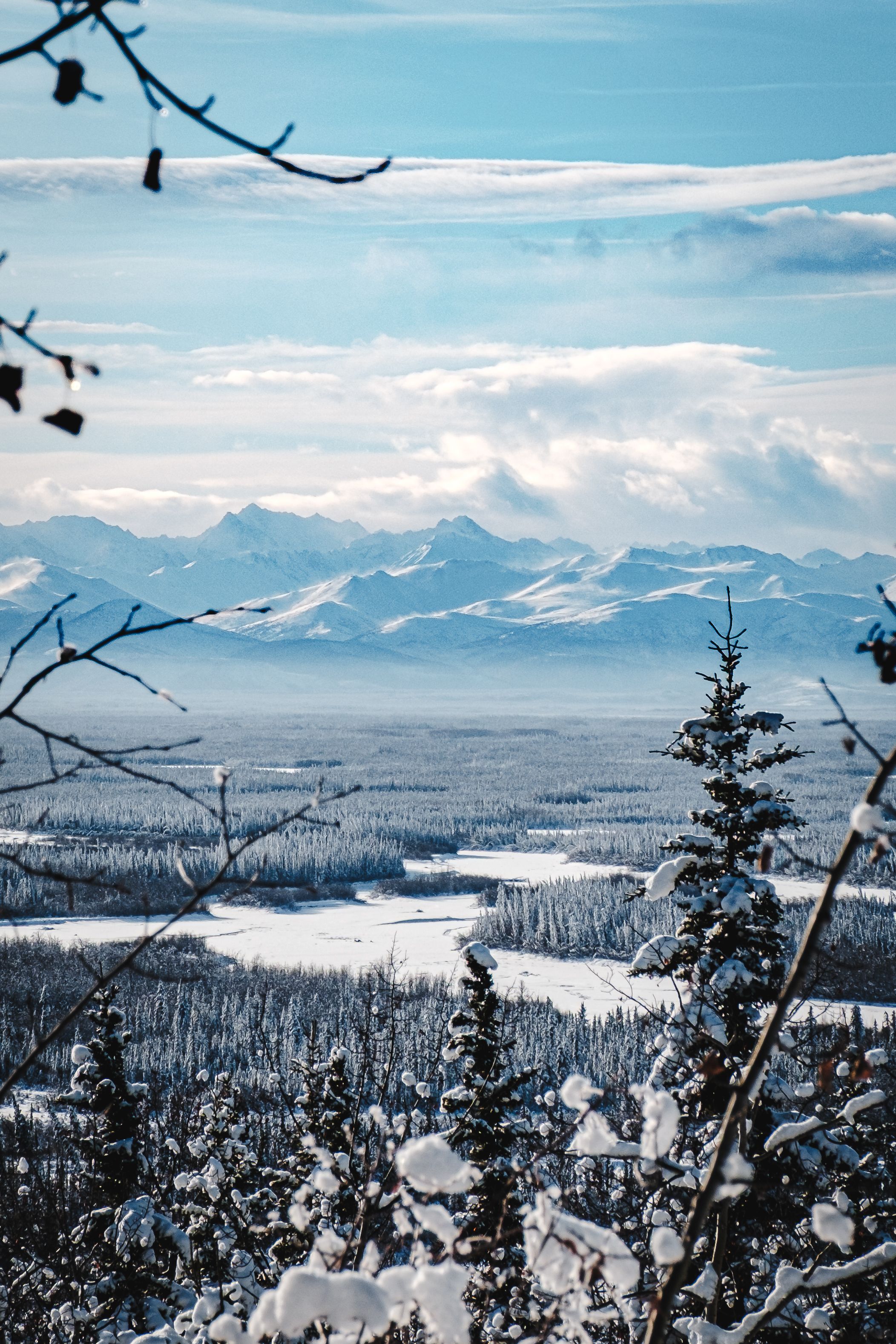 Snow-covered winter landscape with evergreen trees, frozen river valley, and majestic mountain range under a blue sky.