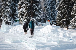 Two people building an ice maze surrounded by snow-covered pine trees in a winter wonderland setting.