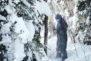 Person in winter clothing standing among snow-covered trees in a forest during snowfall.