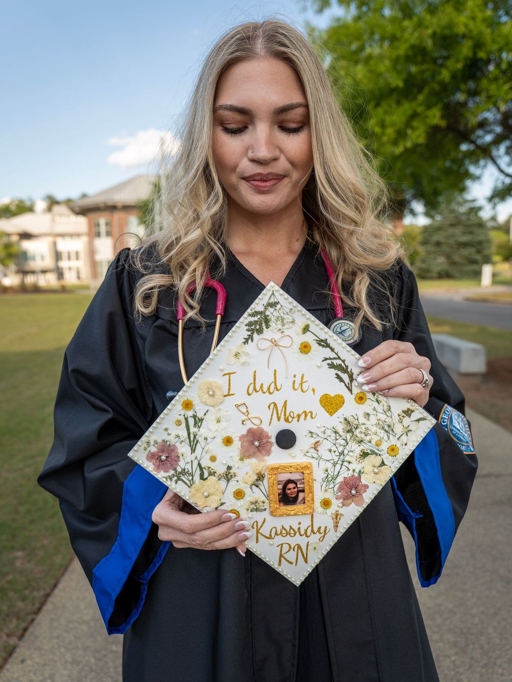 Cartersville Georgia Highlands College Campus. RN Graduate Portrait Session. Alumni. Nursing School Graduate. Cap design in honor of Mother.