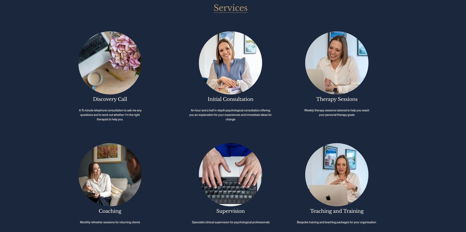 Website screenshot of professional therapy services grid featuring six circular images of consultations, training, and client sessions.