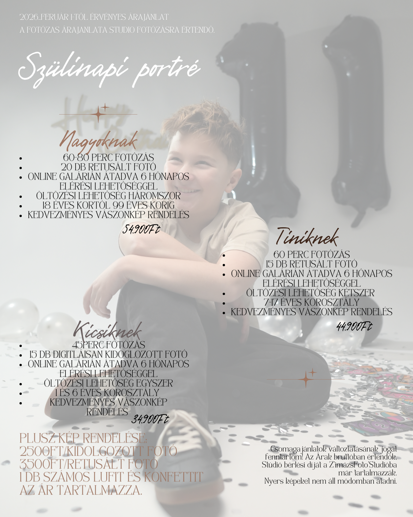 A Hungarian birthday portrait photography studio pricing flyer featuring a young boy in elegant attire with three service tiers.