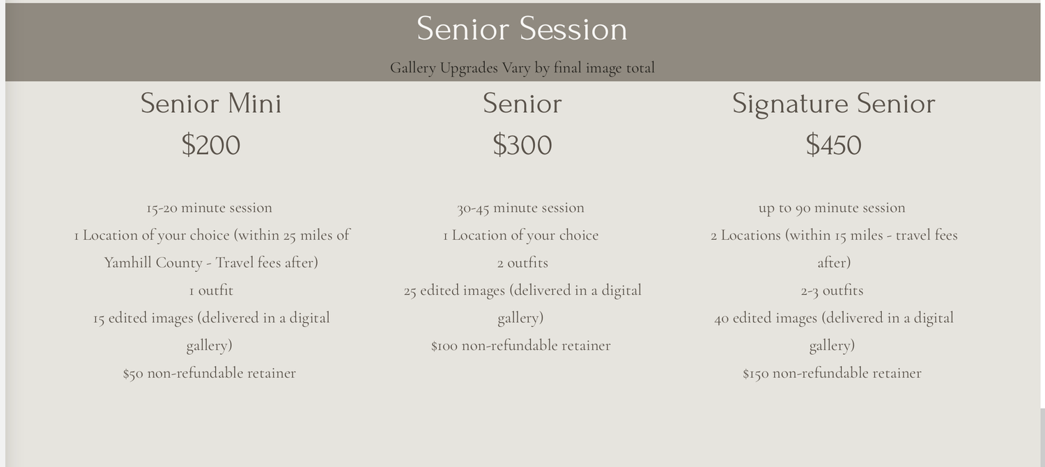 Senior photography session pricing guide showing Mini $200, Senior $300, and Signature Senior $450 packages.