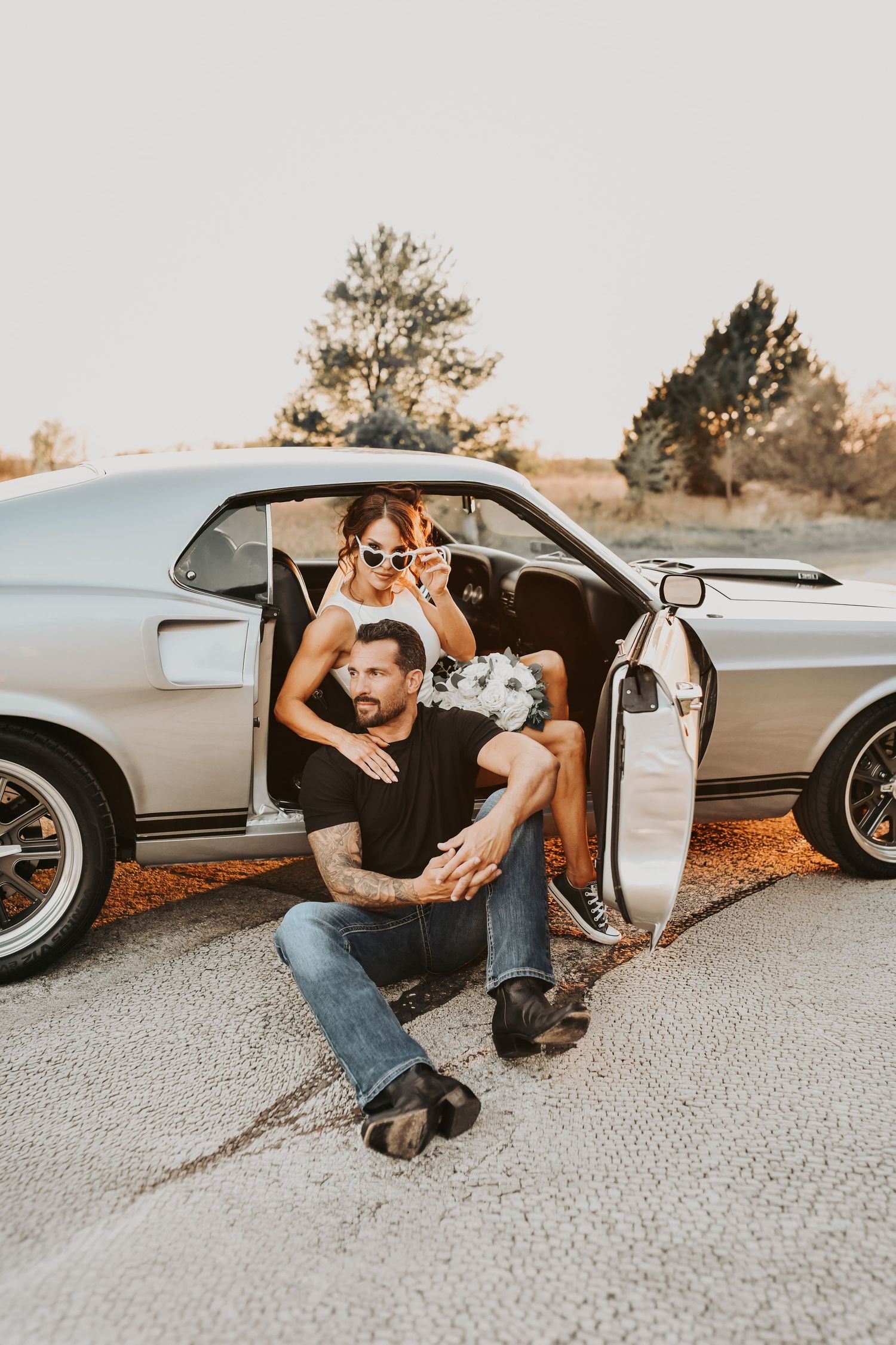 cinematic sunset engagement session with bold styling