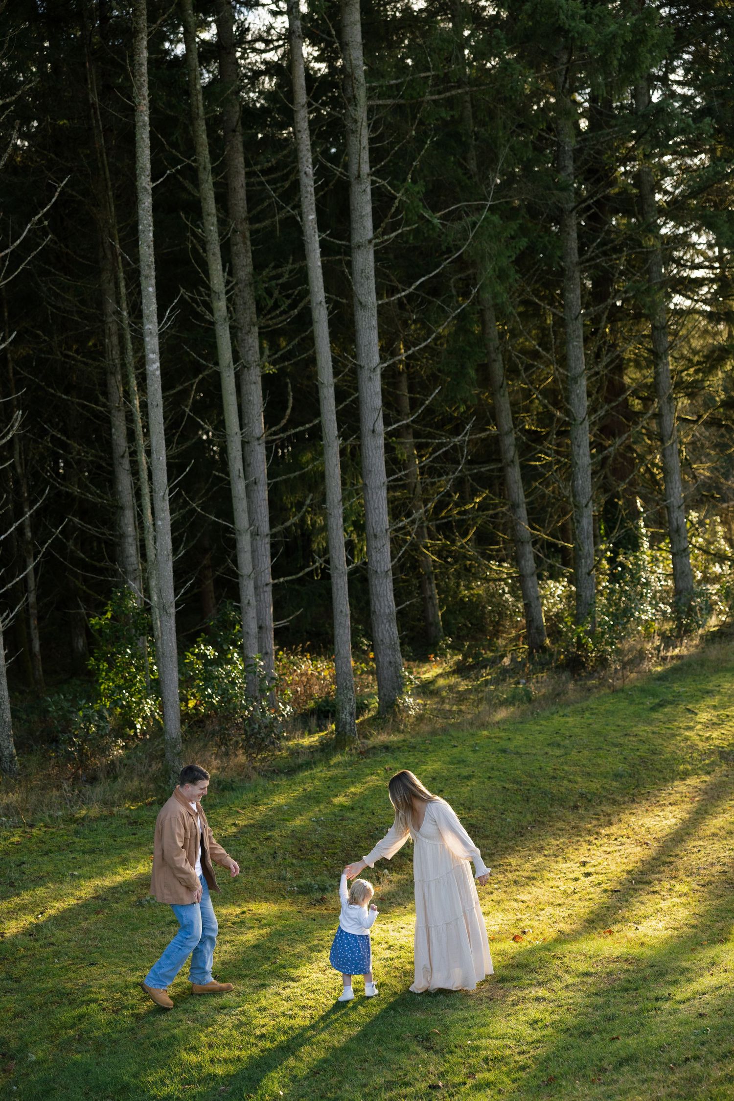 Parents and toddler play together on sunlit grass at edge of tall pine forest.
