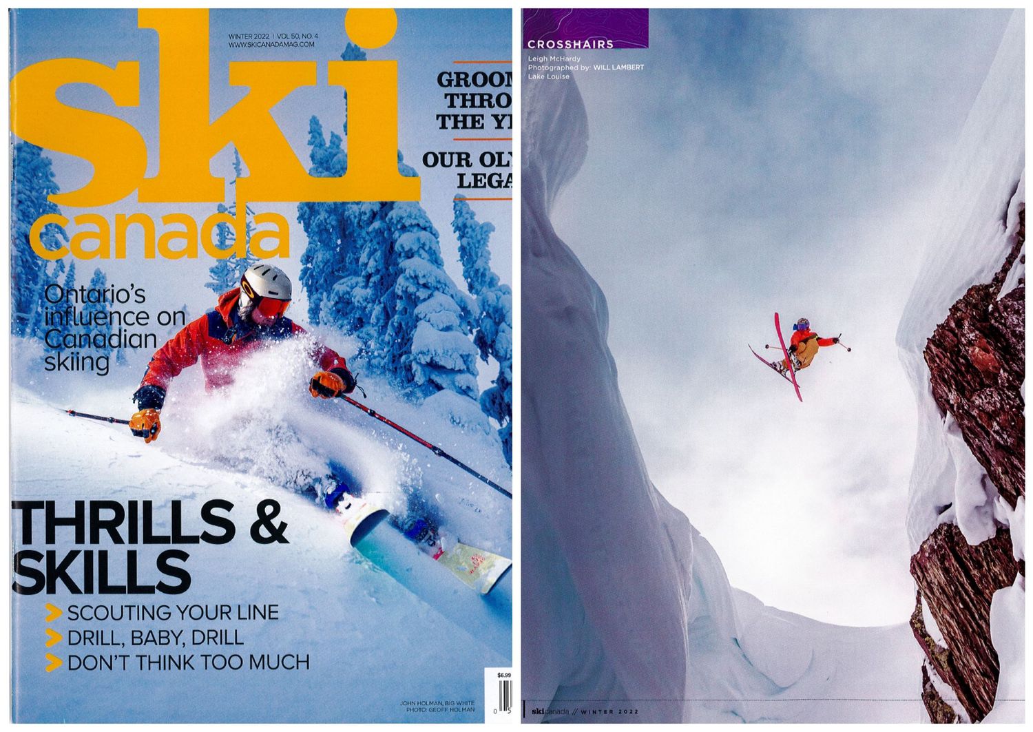 A dynamic split photo showing a skier performing an aerial jump in snowy mountains above and skiing through powder snow below.