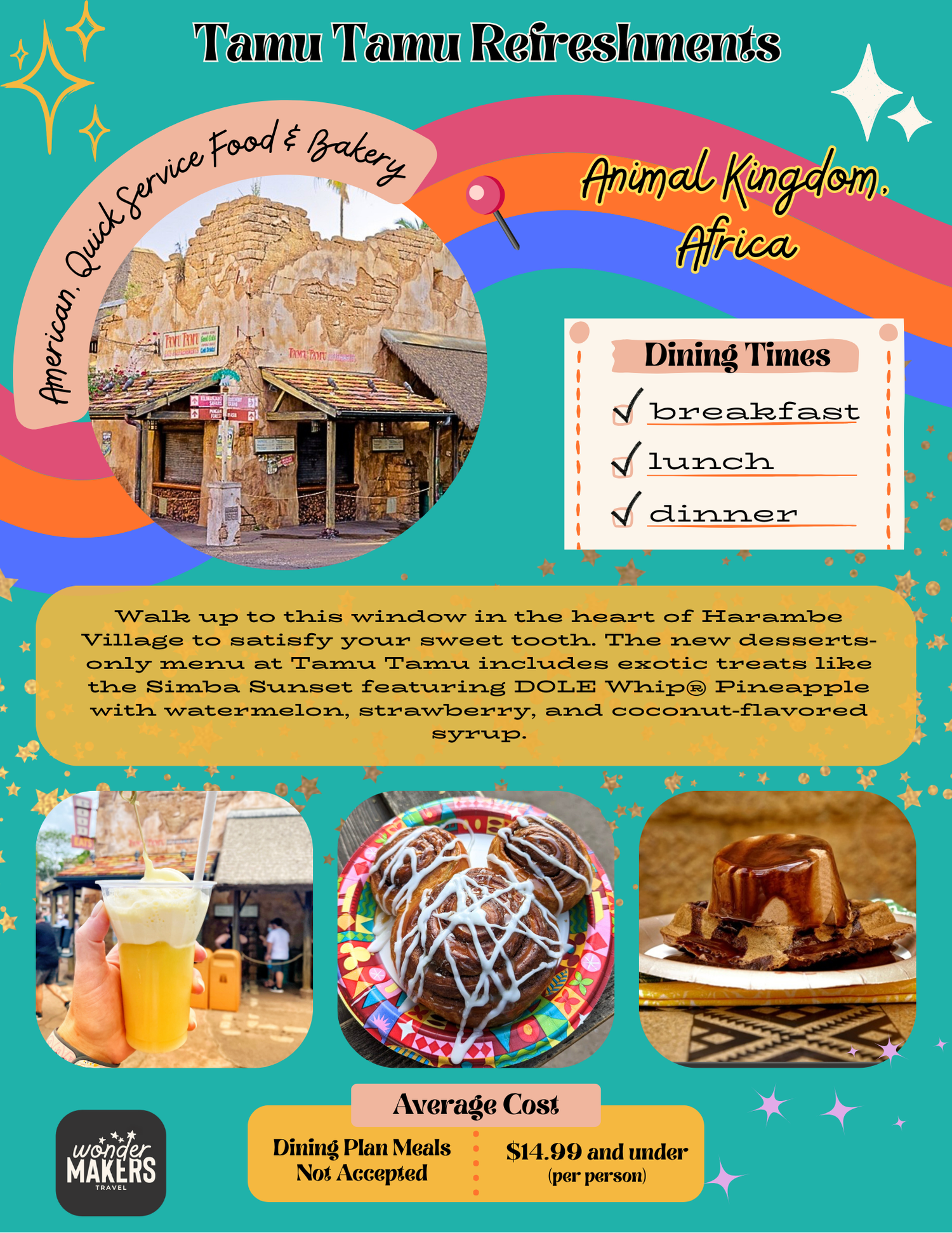 Promotional flyer for Tamu Tamu Refreshments featuring menu items, dining times and colorful retro-inspired design elements.