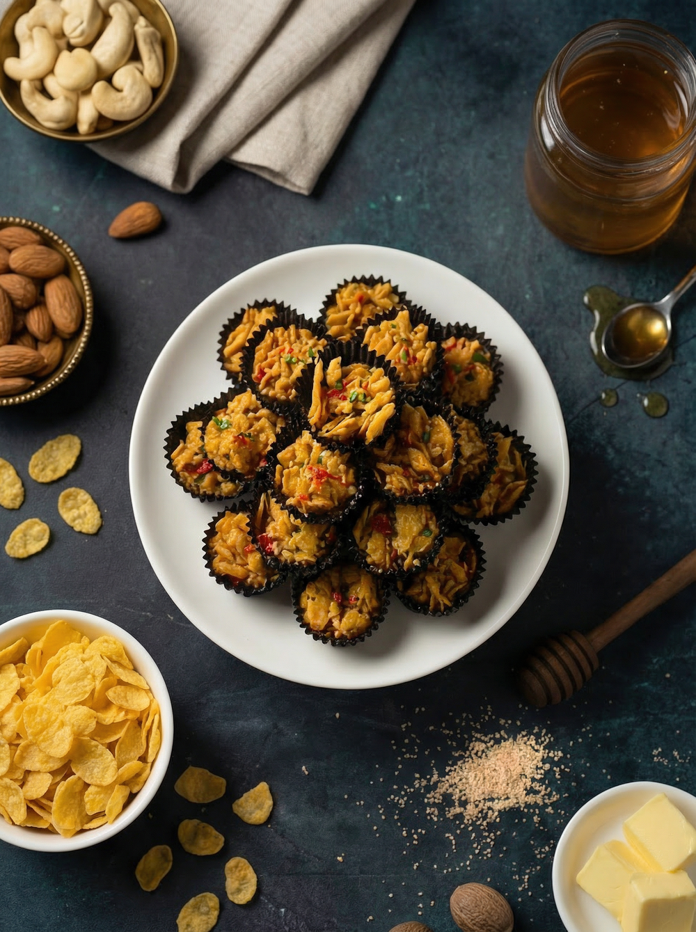 Homemade muffins on white plate with nuts and honey on dark background.