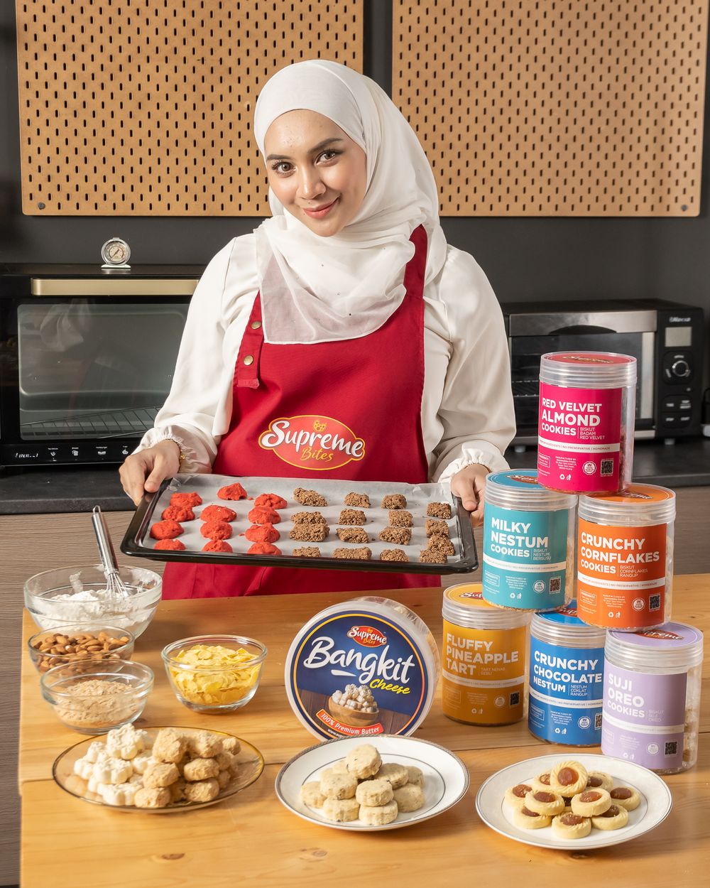Step-by-step preparation of cookies on a kitchen counter with colorful spice containers.