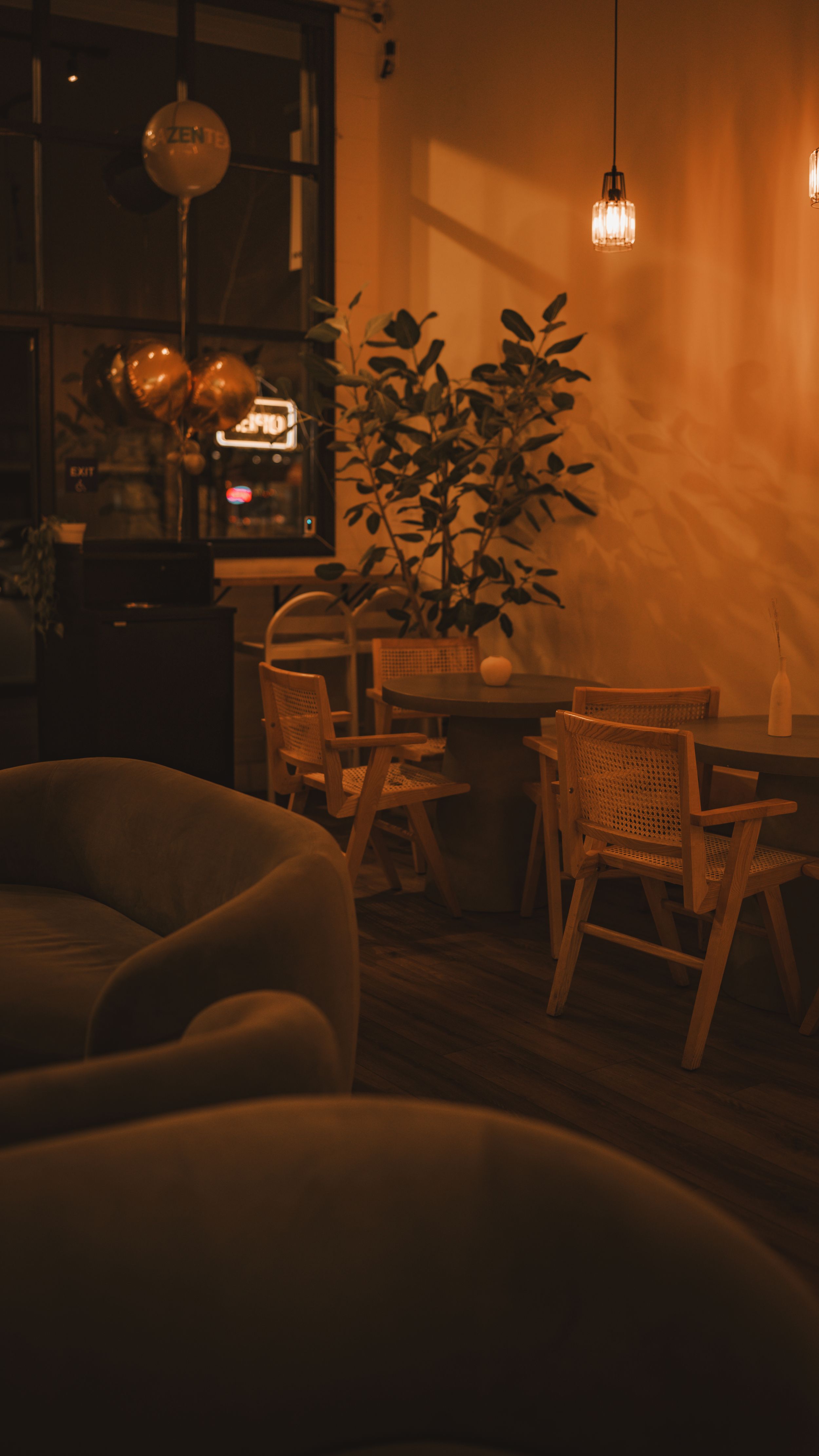 Cozy cafe interior with warm lighting, wooden chairs, soft seating, and a potted plant casting shadows on orange walls.